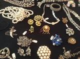 Small sample of vintage costume jewelry. Name brands: Weiss, Akro, Coro, Lisner, sterling, enamel....
