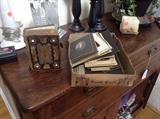 Antique photo album and box of old pictures