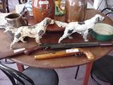 iron dog doorstops, BB gun, flintlock gun, pottery dog bowl
