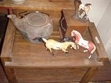 coffee grinder, iron kettle, horses
