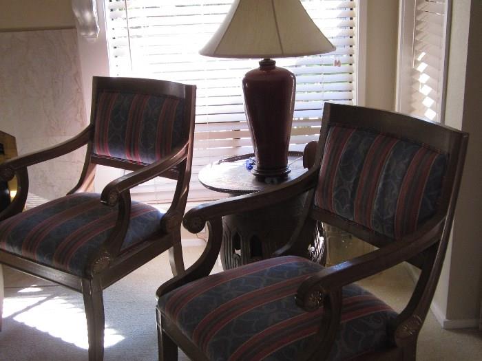 Pair of chairs with garden seat and lamp