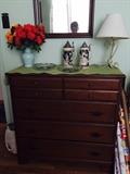 small dresser, lamp, flowers, mirror, 2 steins from germany