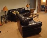 Leather Sleeper Sofa, Chair, Set of Decorative Metal End Tables, Cocktail Table and Pair of Palm Tree Lamps