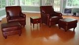 Pair of Leather Club Chairs w/ Ottomans, Small Game Table