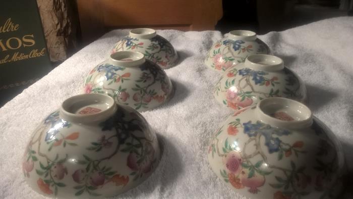 Set of 6 LATE QING Chinese Porcelain Bowls with Peach Pomegranate Lychee Fruit and bats