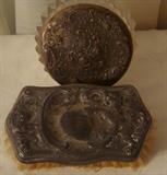 ANTIQUE REPOUSSE DRESSER JAR and LION PASSANT BRUSH - fabulous !