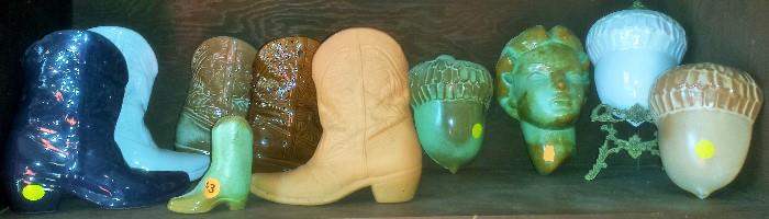 Frankoma pottery wall pockets including boots, acorns, & the RARE Pheobe head. 