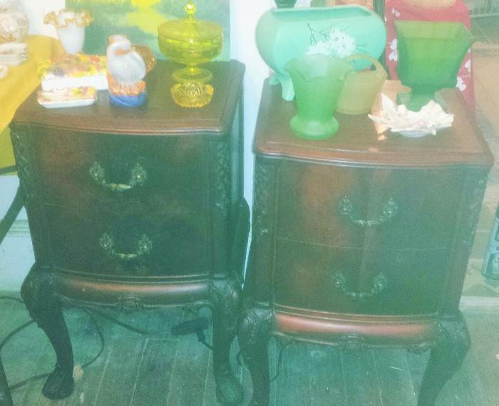 French flame mahogany end tables, circa 1920. McCoy planter, satin glass, Vaseline glass, Fenton gold crest, & more!