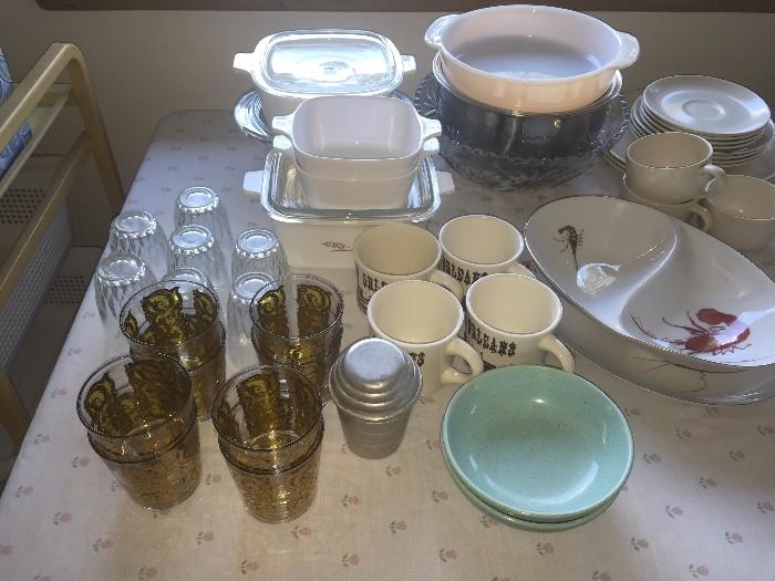 Assorted vintage kitchen items and barware