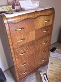 Vintage five drawer wooe dresser with beautiful detailing. This is part of a bedroom set