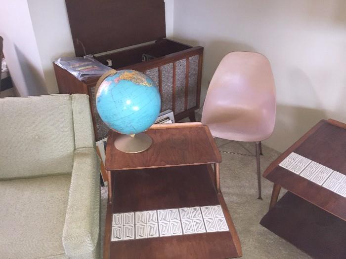 Paul McCobb for Lane tile inlay side tables, Mid-century stereo, vintage globe, upholstered side chair (pair), Rare Sam Avedon Alladin Plastic Molded Chair

