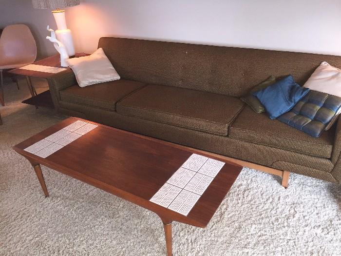 Paul McCobb for Lane tile inlay coffee table. Mid century upholstered sofa.