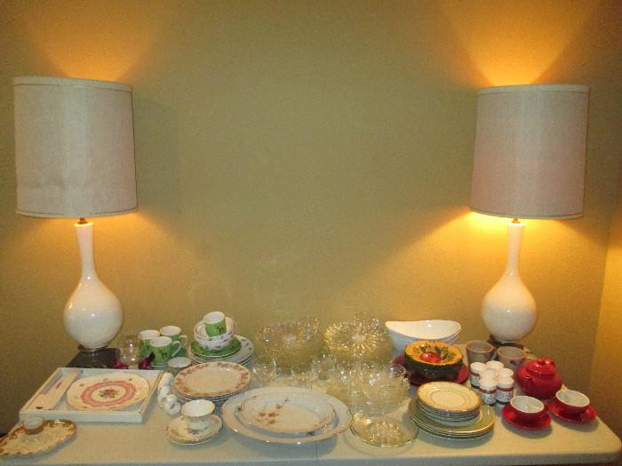 Nice Lamps, Glassware, Snack Plates, Red Teapot