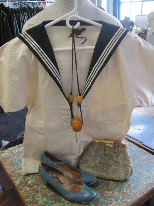 Ziegfeld Follies dancer's pieces: tap shoes, beaded bag, amber necklace, sailor top!