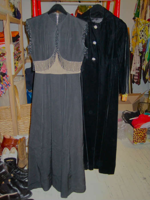 Black beaded dress Pattullo - Jo Copeland, Saks Fifth Ave. (photo flash makes dress appear lighter than actual) and velvet coat.