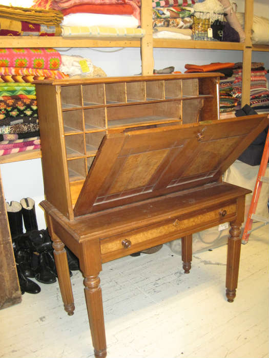 Handcrafted walnut desk/secretary. Picture shows that the front panel pulls down for storage. The 2 pieces come apart for easy transportation.