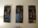 3 Matching Ebony Asian Panels w/Inlaid Mother of Pearl Details