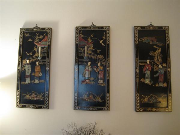 3 Matching Ebony Asian Panels w/Inlaid Mother of Pearl Details