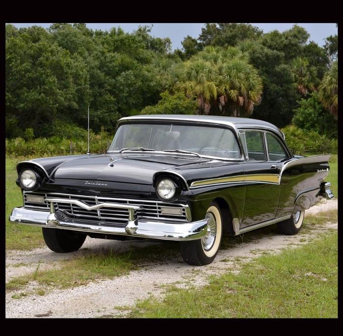 This is a restored 1957 Ford Fairlane 500 F Code. A very limited number of these cars were produced. This car is confirmed as an original F-Code by the leading numeral in its chassis number. It was formerly owned by enthusiast Don Miller, the retired president of Penske Racing, and it has been meticulously restored and actively driven since. It has remained in good cosmetic order. The engine compartment is well detailed. The glass appears to be original. The under carriage is under coated. The paint shows well, but has a slight patina from age and light use. The interior is very good, with tight upholstery, well-fitted carpets, and a perfect headliner. An AM radio, heater, dashboard-mounted clock, and wide whitewall bias-ply tires are notable options on this car. Additional photos are below. 