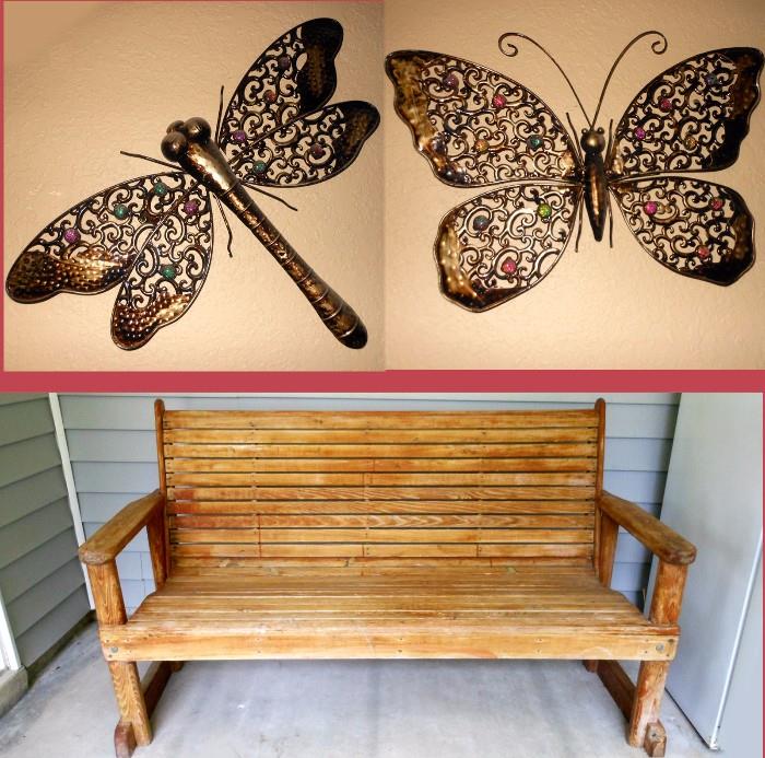 Decorative Dragonfly and Butterfly Wall Art and Nice Solid Wood Bench 