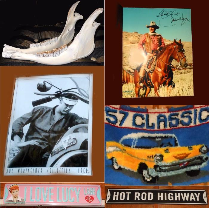 Jaw bones, Signed John Wayne Photo, Elvis, Lucy and Hand Hooked 57 Chevy Rug