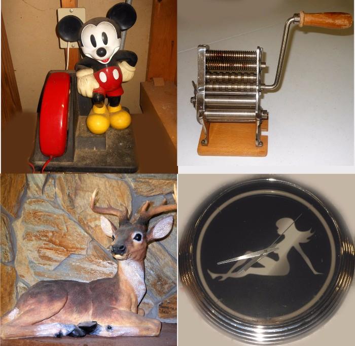 Mickey Mouse Telephone, Vintage Pasta Machine, one of a pair of Deer and Neon Clock 