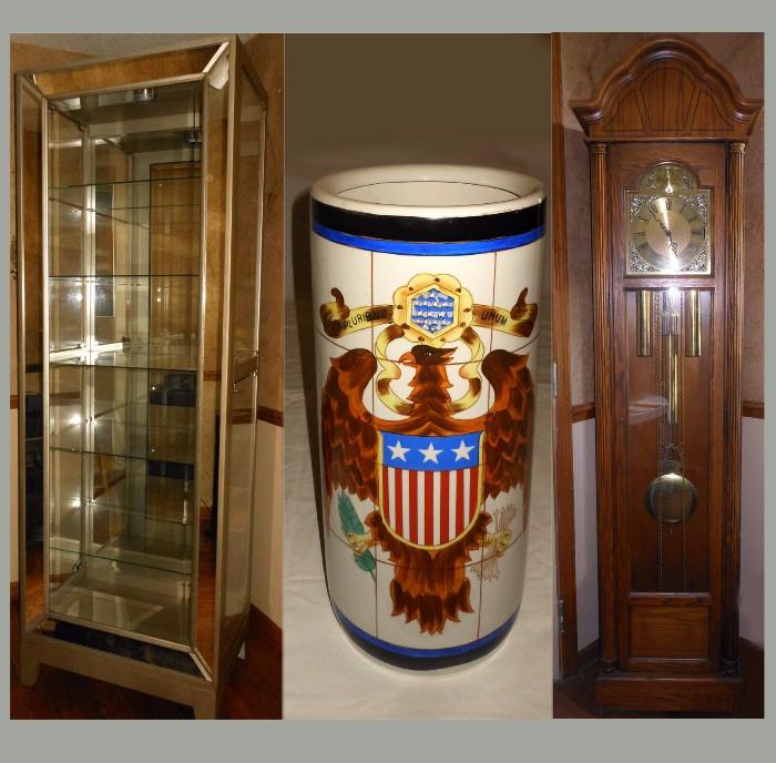 Gorgeous Glass and Metal Display Cabinet, Eagle Umbrella Stand and Howard Miller Grandfather Clock