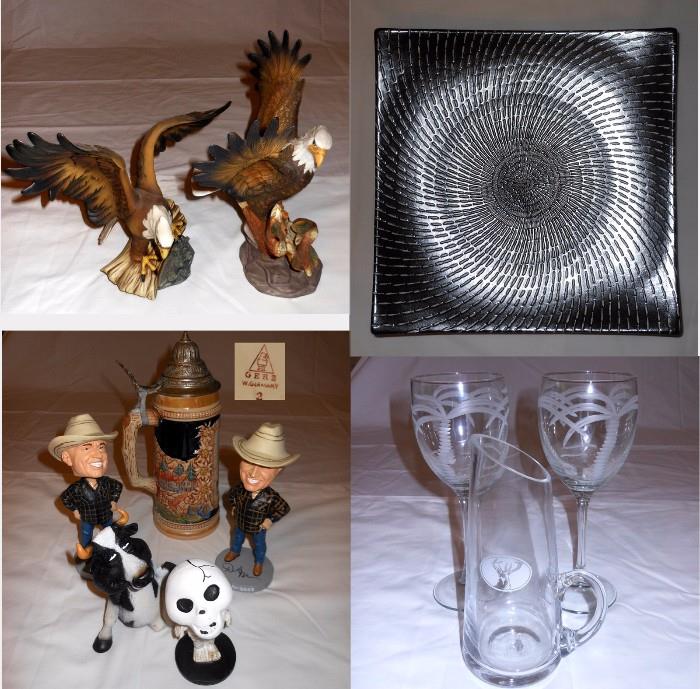 Eagle Statues, Mid Century Modern Style Plate, Bobble Heads, Gerz Stein and nice Glassware 