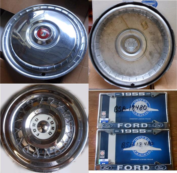 Hubcaps and License Plates for a 55 Ford; Top Left is one of a set of 4 