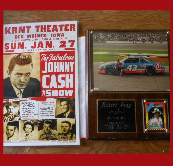 Litho under Plastic Johnny Cash Show Poster and Richard Petty Plaque 