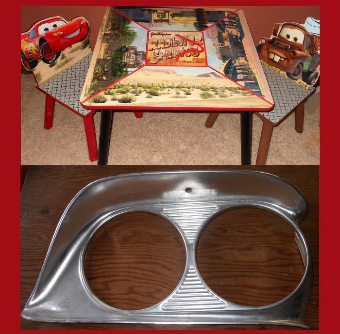 Cute Child's table and chairs with the Car theme; the table reads "Greetings from Radiator Spring" Gateway to the Ornament Valley"
