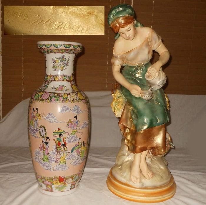 Large Asian Vase and Signed Sculpture of a Lady Pouring Wine