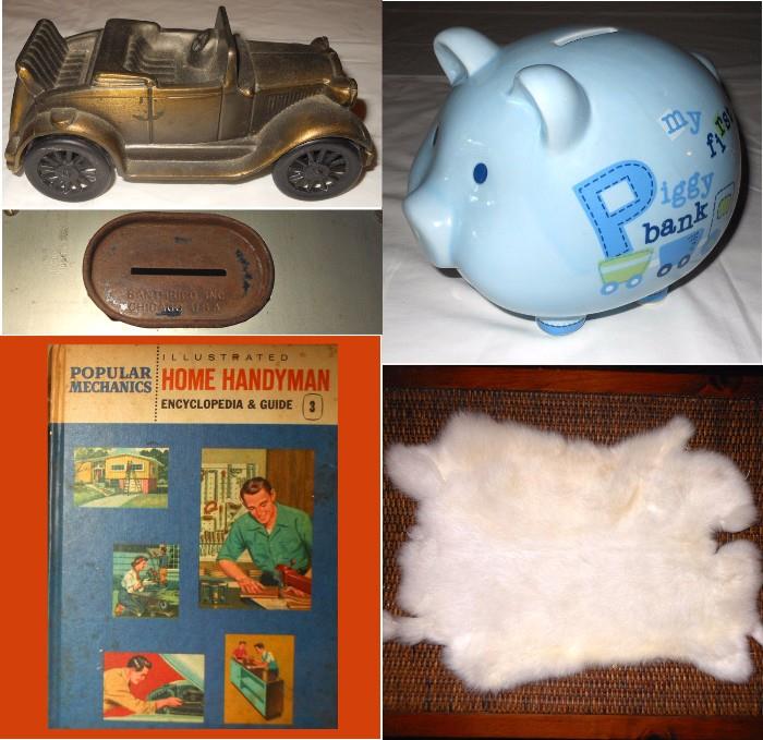 Rabbit Pelt, 1966 Popular Mechanics Home Handyman Book, Piggy Bank and Vintage Banthrico Car Bank