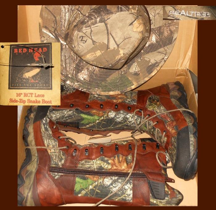 Brand New Red Head Side-Zip Snake Hunting Boots and Realtree Hunting Hat