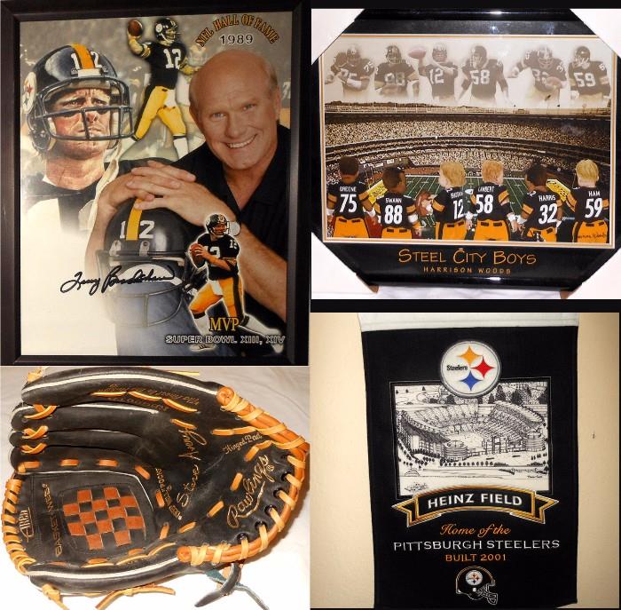 Terry Bradshaw and other Pittsburgh Steelers Collectibles-This is a small sample of the large amount of Steelers Collectibles available; Many Ball Caps, Jerseys, T-Shirts, Towels, Plaques, Posters and so much more.