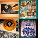 Pittsburgh Steelers Flag and other Steelers Collectibles, This is a small sample of the large amount of Steelers Collectibles available; Many Ball Caps, Jerseys, T-Shirts, Towels, Plaques, Posters and so much more.