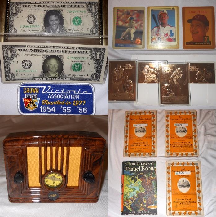 Funny Money, a few Baseball Cards; there are more, Tiny Radio and Old Books including Daniel Boone