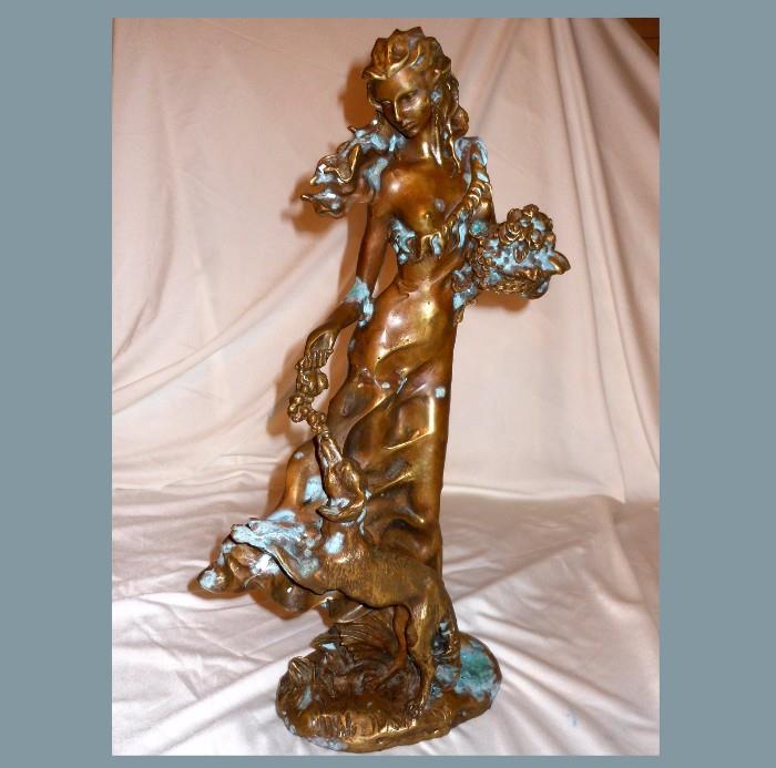 Bronze Statue of a Woman and her Dog with Natural Patina 