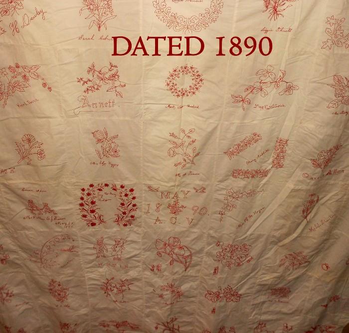 Fantastic Large Red and White Needlepoint dated 1890. May have been a Wedding Gift; Each Square is signed and many dated