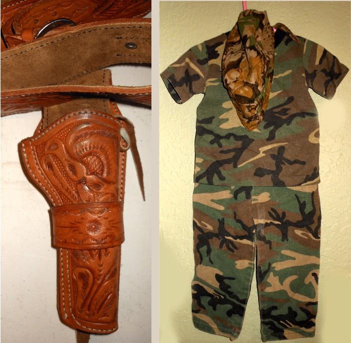 Hand Tooled Leather Holster and Baby's Camouflage Outfit 