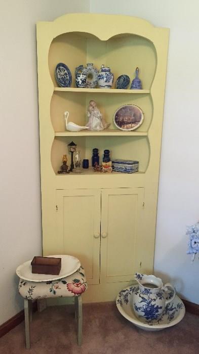 Vintage Corner Cabinet, Blue and White Pitcher and Bowl