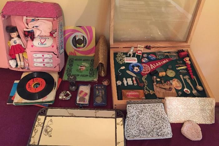 45 rpm records, (record albums not shown), Vintage items, Ginny Doll, Vintage Purses