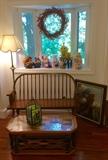 Beautiful Hand Made Coffee Table, Wood Loveseat and several Cookie Jars 