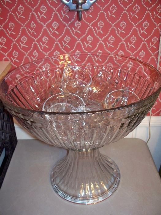 Heisey Glass Punch Bowl, Pedestal Base, and Cups.