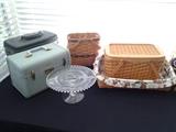 Vintage travel bag, cake stand and Logaberger baskets