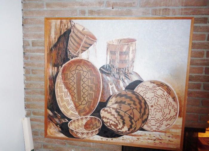 Large listed artist Natchez oil painting of Native American baskets