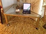 Hollywood Regency brass triangular table