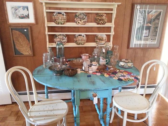 Painted Dropleaf table, pair of matching chairs, plate shelf painted same color as chairs,
Old mason chairs