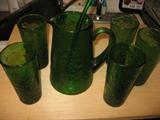 Green Pitcher w/Stirrer & 12 Matching Glasses