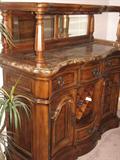lighted buffet/bar with marble top, four drawers and two doors, with shelf, beveled mirror, with wine bottle holder
